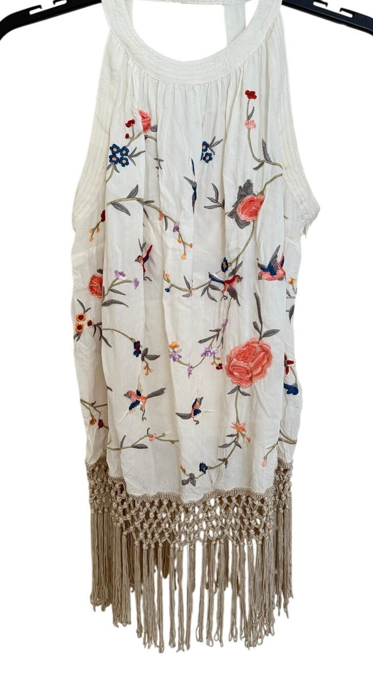 Anthropologie Floral Gatsby Fringe Tank Top US 6 UK 10 Boho Cottagecore Coquette